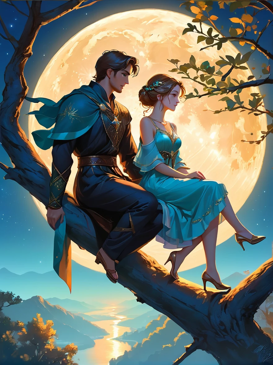 Romantic ancient style,night,Backlight,A man and a woman sitting on a tree branch,There is a big full moon behind,Alexander,Averin,Fresh colors,Soft colors,Diode light,Concept art style,Extremely complex details,Clear distinction between light and dark,Layering,Ultra HD