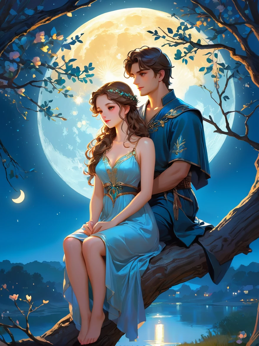 Romantic ancient style，night，Backlight，A man and a woman sitting on a tree branch，There is a big full moon behind，Alexander，Averin，Fresh colors，Soft colors，Diode light，Concept art style，Extremely complex details，Clear distinction between light and dark，Layering，Ultra HD