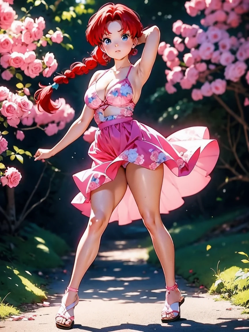  redhead anime pink bra and panties,  old, Body cute, breasts big, with hands behind head, running your hands through your hair, sexy girl, red hair with braid , beautiful lighting, softshadows, blue colored eyes, pretty legs, hair with braid, anime styling, ranma chan, Autora Rumiko Takahashi, Based on a work by Rumiko Takahashi, Anime Ranma 1/ 2, decote sexy, robust hip, fully body, fully body, Bust Big, young girl with beautiful and beautiful body, sandals on his feet, garota 16 yrs jovem baixa estatura, wearing a long pink dress with rose designs, floral print, pink bra and panty dress, anime girl, anime styling, beautiful feet in sandals, plein-air, fully body, complete body