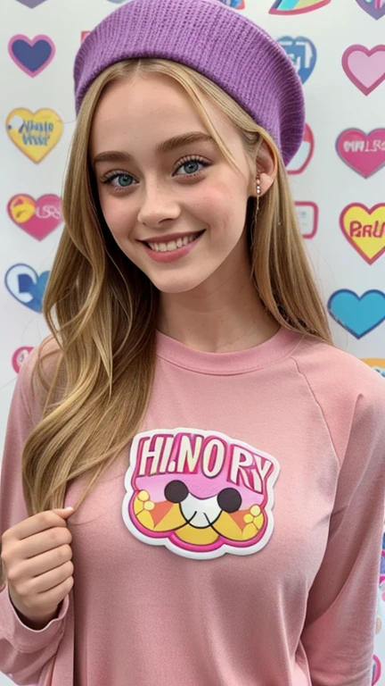 Phoebe Dynevor wearing clothes with sexy stickers and smiling