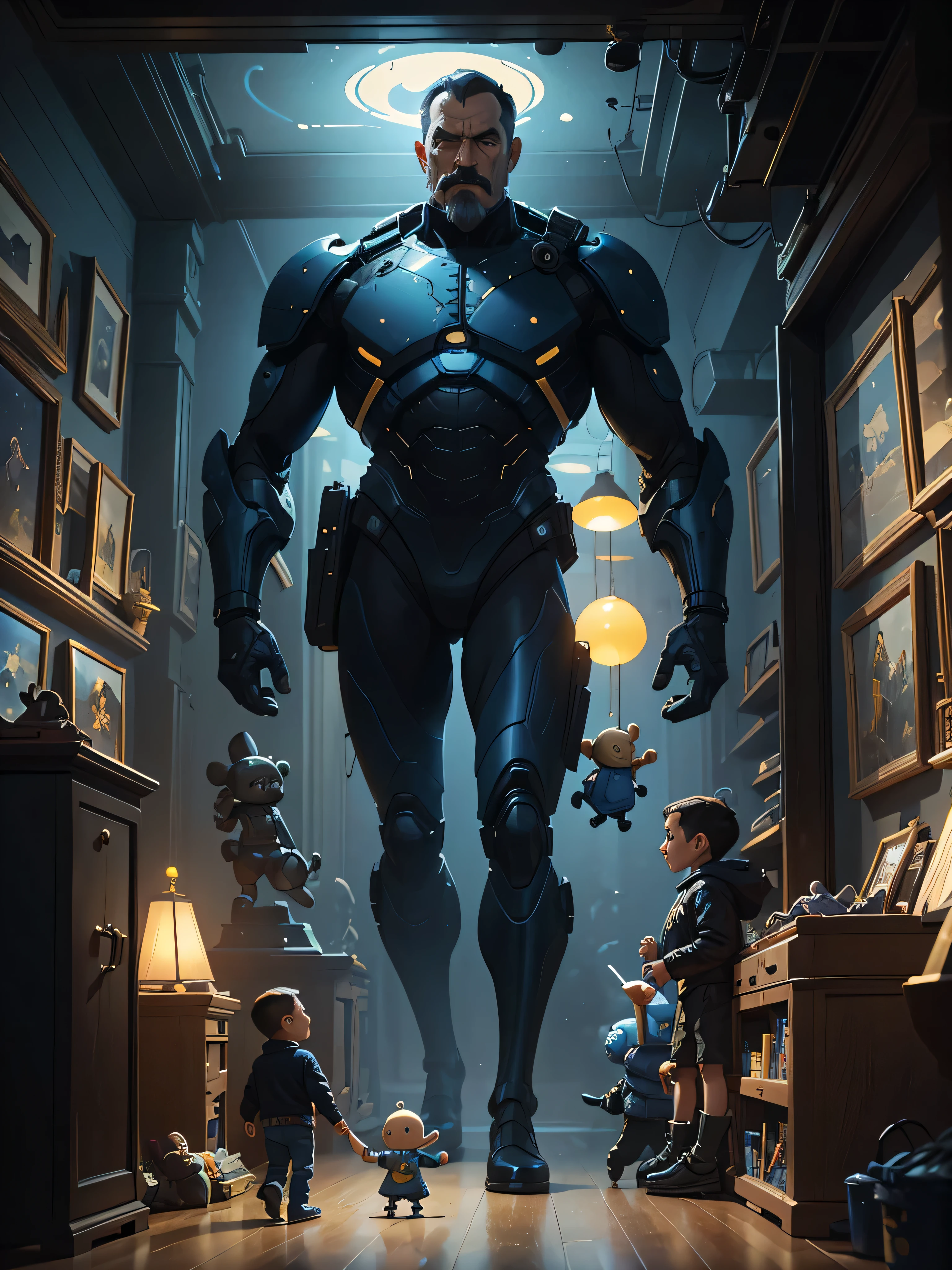 Young father with baby  and chi curating art, curator man, moustache, toys on shelves, high tech futuristic mysterious atmosphere, deep dark blue and golden yellow, 4D, 8K, photorealistic, dreamlike, big and complex composition storytelling, masterpiece, artwork by Bernie Wrightson, artwork by Jeremy Mann, Impressionism