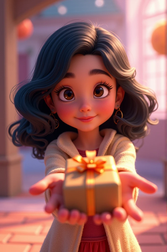Disney pixar cover Girl with black hair, brackets giving gifts