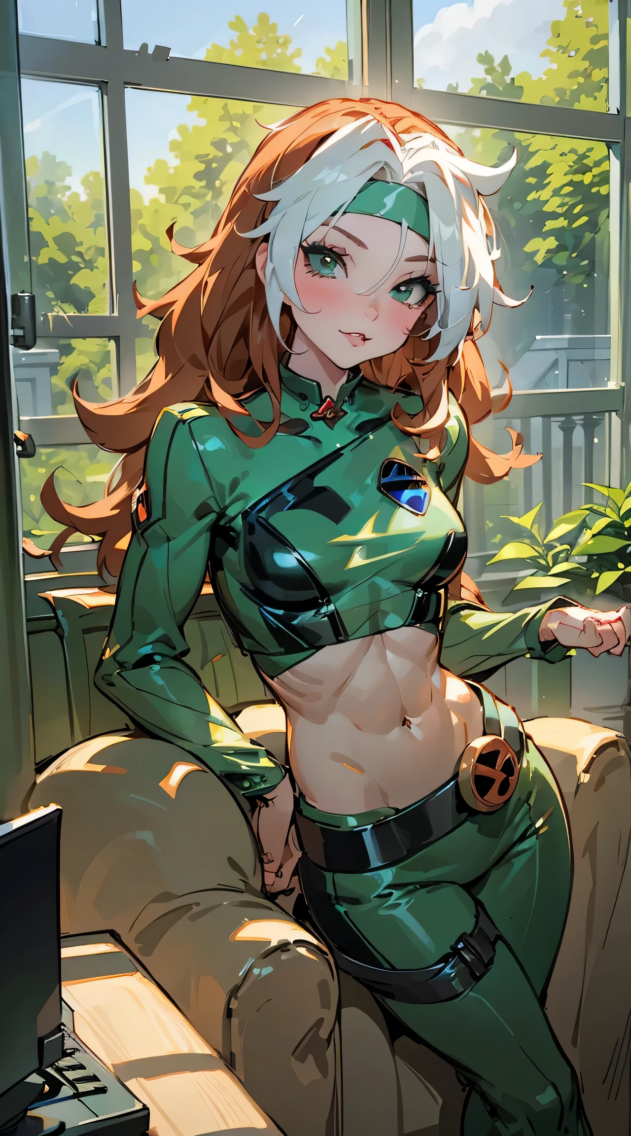 (work of art, best qualityer:1.2), ClassicRogue, 1 girl, standing alone, long hair, breastsout, ssmile, large breastsout, chestnut hair, greeneyes, jaket, big hair, White hair, multicolored hair, parted lips, clothes open, waist belt, two tone hair, open jaket, lips, May, covered navel, make up, muscular, headband, abdomen, firm skin, multicolored clothes, muscular female, dyed bangs, multicolored May, green May, yellow May, borboleta, error, window, sitting down, Inside the house, plantar, Boken, computer portátil, computer, sofa, looking ahead at viewer, cloused mouth, Blurry, blue butterfly, planting glass, building, unexpressive, Depth of field, Boken stack, giorno