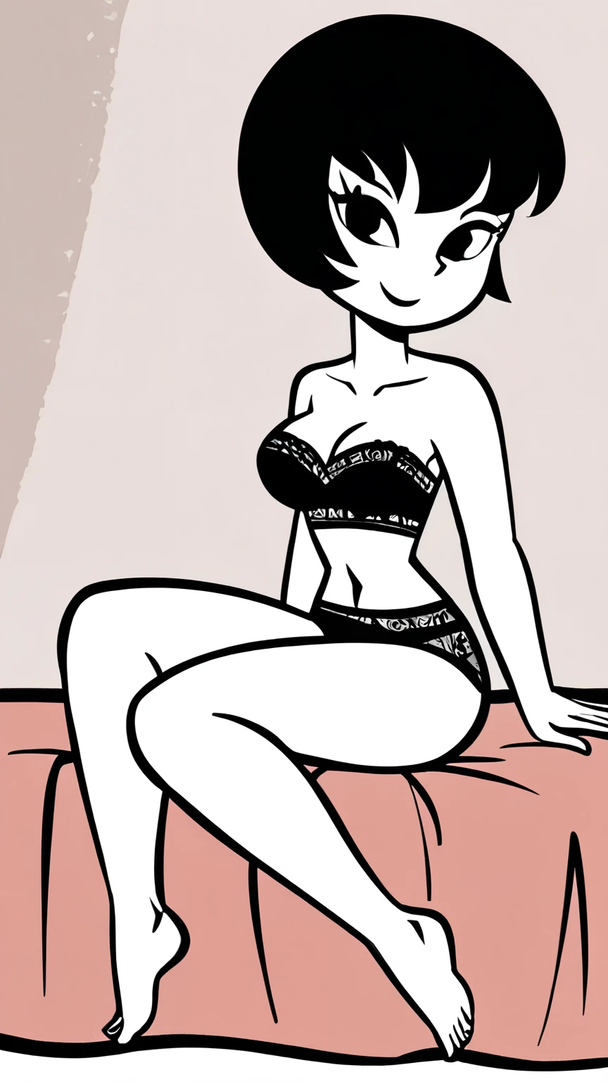 Jucika, digital media, black eyes, black hair, short hair, flat color, flat graphic style, white skin, zPDXL, best quality, amazing quality, score 9, 1girl, collarbone, strapless black lingerie, seductive smile, looking at viewers, bare feet, sitting in bed on her knees,