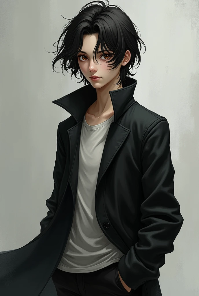 masculine boy,
long black hair brown eyes, tall and white