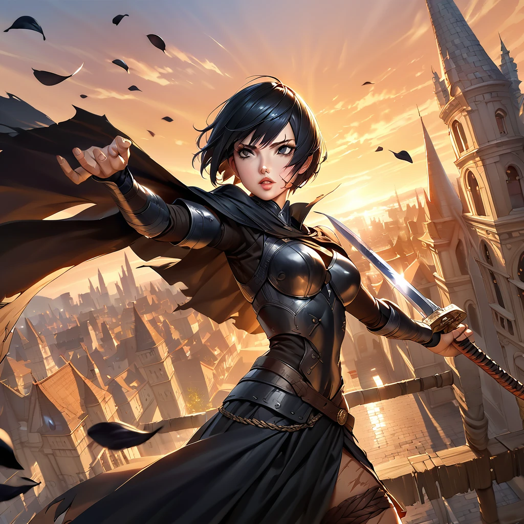 1 warrior women with several scars, expressive black eyes, black short hair, dressed with a black cape, using his massive two hand sword ,fighting pose ,black petals fall from the sky in big medieval city in sunset in background, detail richness, masterpiece, best quality, realistic rendering