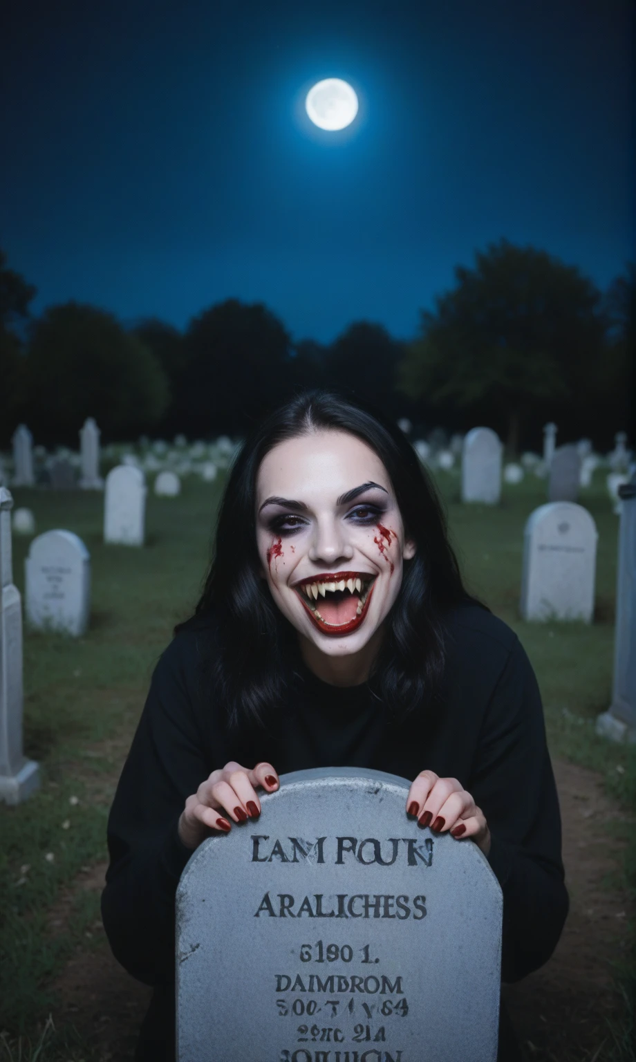 score_9, score_8_up, score_7_up, score_6_up, score_5_up, score_4_up, realistic style, photo, photorealistic, high detail, (sharp), (horror photo), cowboy shot, hideous witch, demon, (scary creature), scary face, pale skin, ugly face, demonic gaze, vampire fangs, looking at viewer, (graveyard background), night, (pitch darkness), dim moonlight, (great facial detail)