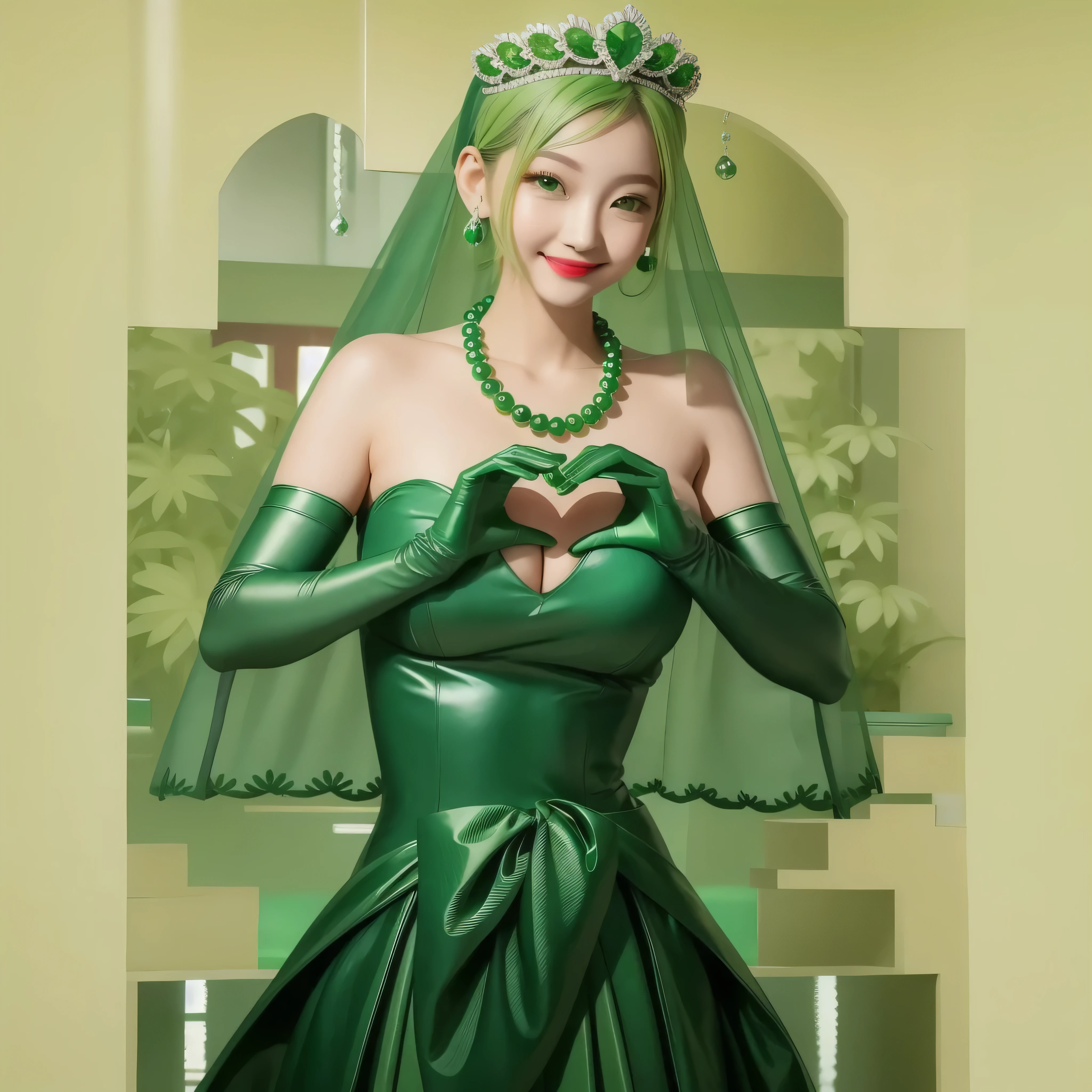 Emerald tiara, Green Pearl Necklace, Boyish very short green hair, Green Lips, Smiling Japanese woman, Very short hair, Busty beautiful lady, Green Eyes, Green satin long gloves, Green Eyes, Emerald Earrings, Green veil, Heart with both hands, Green Hair, Beautiful Japanese Women, Heart shaped hands:1.3, green lip gloss