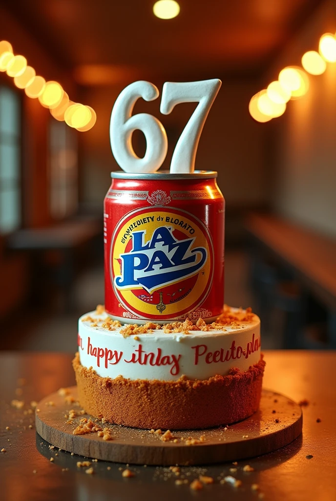 Birthday cake made from a can of La Paz beer with the number 67 and that says happy birthday right there