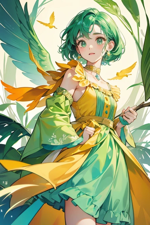 Twigs is a girl parakeet, a simple bird with a yellow head and green body. her cheeks are blue and her feet are orange. SPARKLE; GLITTER