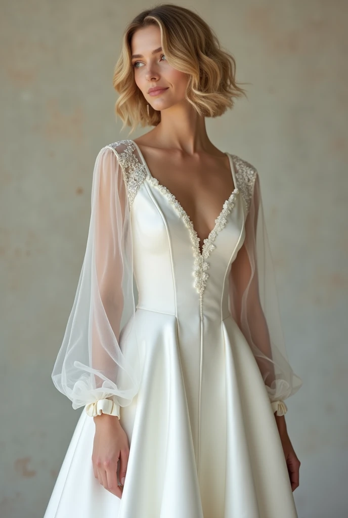 Full satin cover long elegant formal wedding dress with also full satin cover on bust part with breast and spine decolte with detachable bow like long tulle sleeves for curly blonde short haired, green eyed woman.
