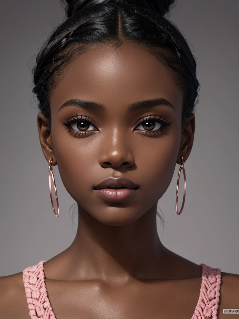 woman, face, model, close up, front, symmetry, african, dark skin, pink blush, pinterest, makeup, glossy lips, sexy lips, hair bun, glossy skin, oily skin, grey background, UHD, masterpiece, accurate, anatomically correct, textured skin, super detail, high details, high quality, award winning, best quality, highres, HD, 16k