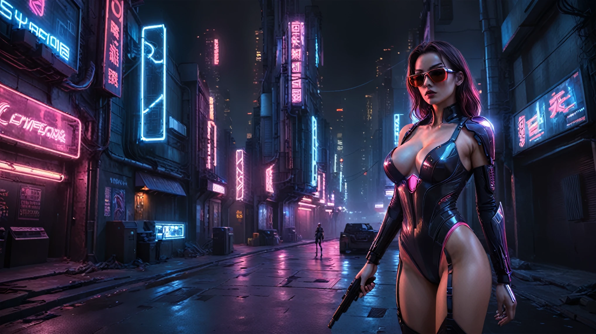 There's a cyborg woman (8k) wearing a futuristic leotard (best quality) standing in a cyberpunk city alley at night, darksynth aesthetic, red neons, haze, foggy night, ultra detailed, photorealistic, (1girl, solo, alone), large-:1.2 slim body, cleava(black sunglasses), (holding a pistol), dynamic pose, half-body thigh level medium shot, cinematic lighting, ray tracing.