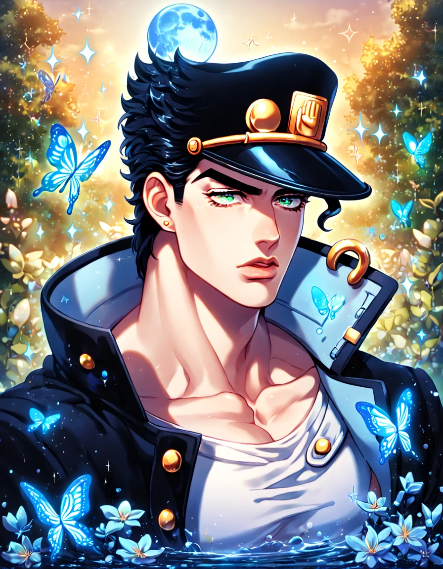 absurdres, highres, ultra detailed, HDR, master piece, best quality, extremely detailed, Jotaro Kujo, black hair, expressive green eyes, Jojo Bizarre Adventure, solo, y man, handsome, sensual, horlack coat, white shirt, black hat, fantasy, magic, sparkling, water, blue moon, blue flowers, blue butterfl blue petals, garden
