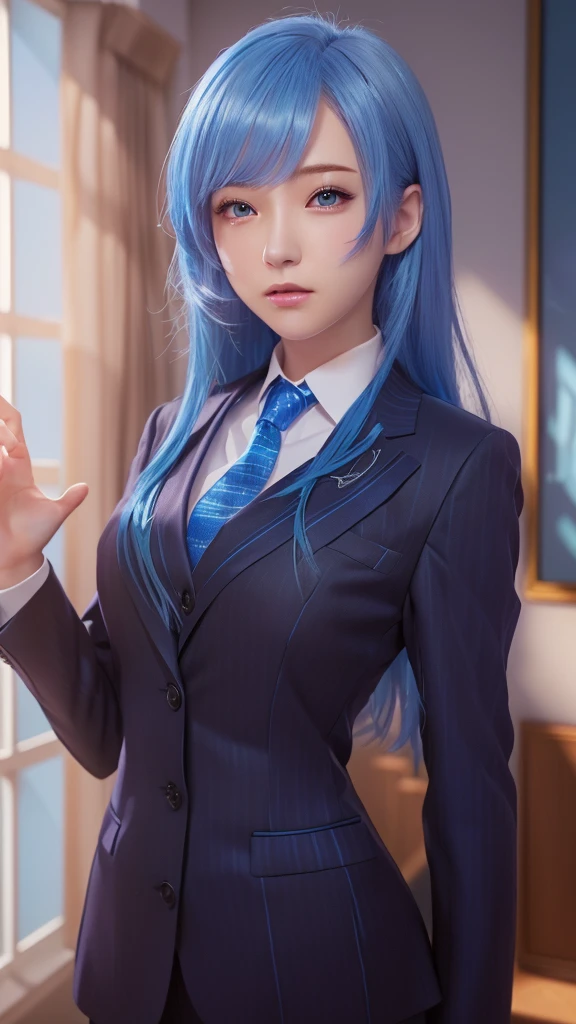 There is a woman with blue hair wearing a suit and tie., Smooth anime CG art, Realistic anime art style, Photorealistic Animation girl render, Painted in an anime artist's studio, Realistic Anime 3D Style, Photorealistic Animation, 3D Anime Real, Sona is slim, Girl in suit, Created by Anime Painter Studio, Girl in suit, Detailed digital anime art