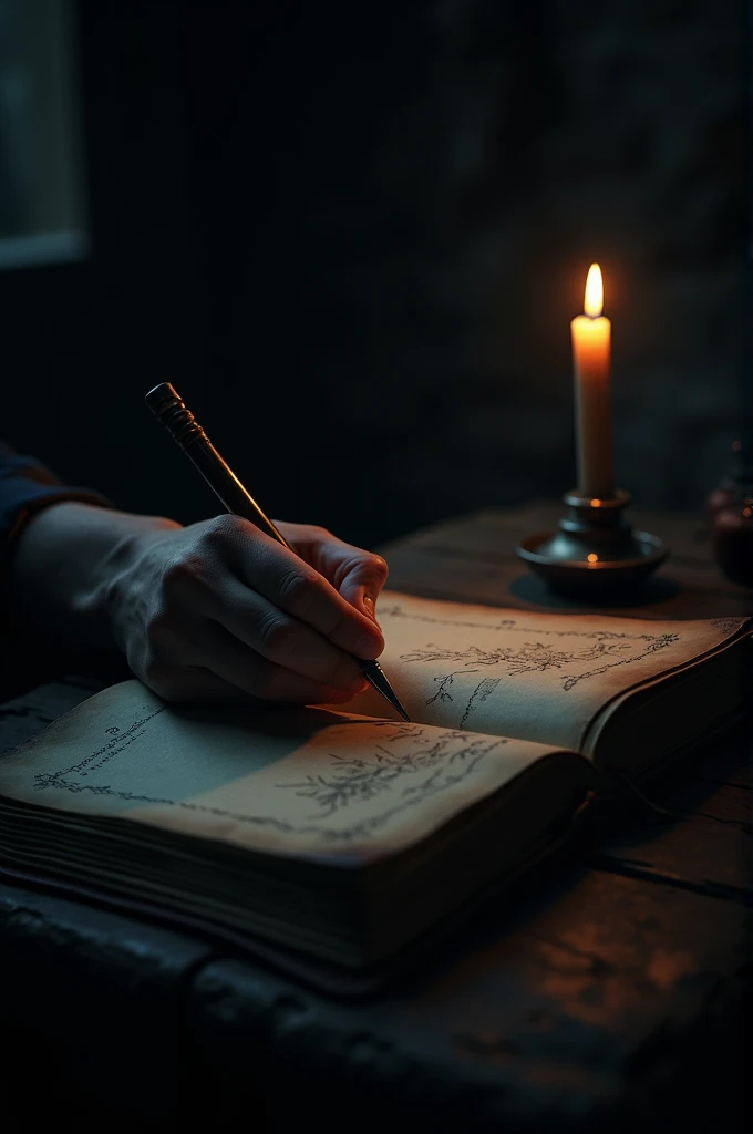 [A dark page, with a pen writing in a diary, illuminated by a dim light.]
