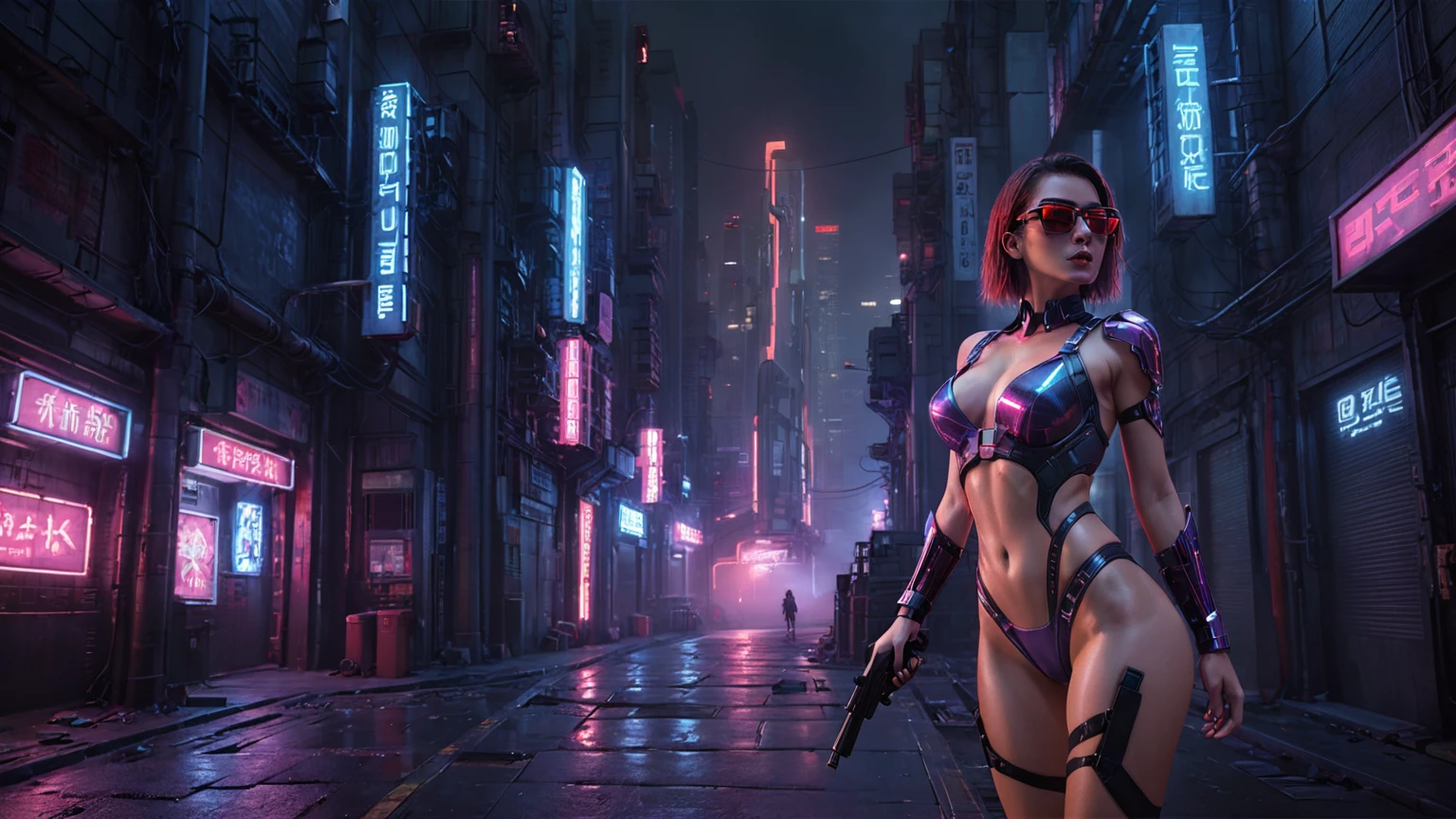 There's a cyborg woman (8k) wearing a futuristic leotard (best quality) standing in a cyberpunk city alley at night, darksynth aesthetic, red neons, haze, foggy night, ultra detailed, photorealistic, (1girl, solo, alone), large-breast:1.2 slim body, cleavage:1.1, (black sunglasses), (holding a pistol), dynamic pose, half-body thigh level medium shot, cinematic lighting, ray tracing.