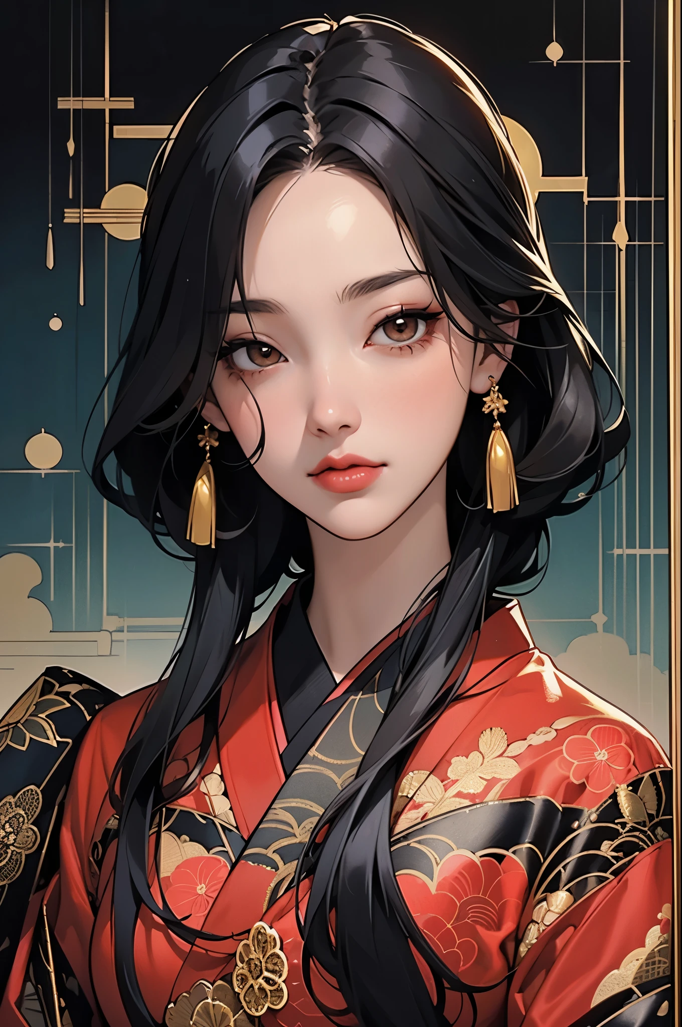 black widow in a golden red kimono dress with a gold halo, japanese goddess, chie yoshii, elegant japanese woman, portrait of a beautiful geisha, intricate geisha kimono, japanese art style
