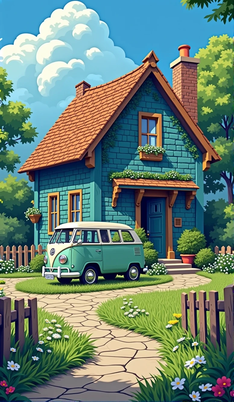 A historic masterpiece,wood々and home々Volkswagen car driving down the street with the background of, Mumford and Thomas Kinkade, Beautifully detailed pixel art, Art Style, Colors with attention to detail, Highly detailed color low poly art, Lofi Color,Beautifully drawn, Colorful scene,beautiful retro art, by Bencho Obreshkov, Colourful and detailed, 8k)), Watercolor style, super Realistic painting style, Detailed 4K painting, Realistic painting style, Awesome Wallpapers,There is no one,,Fantasy World,