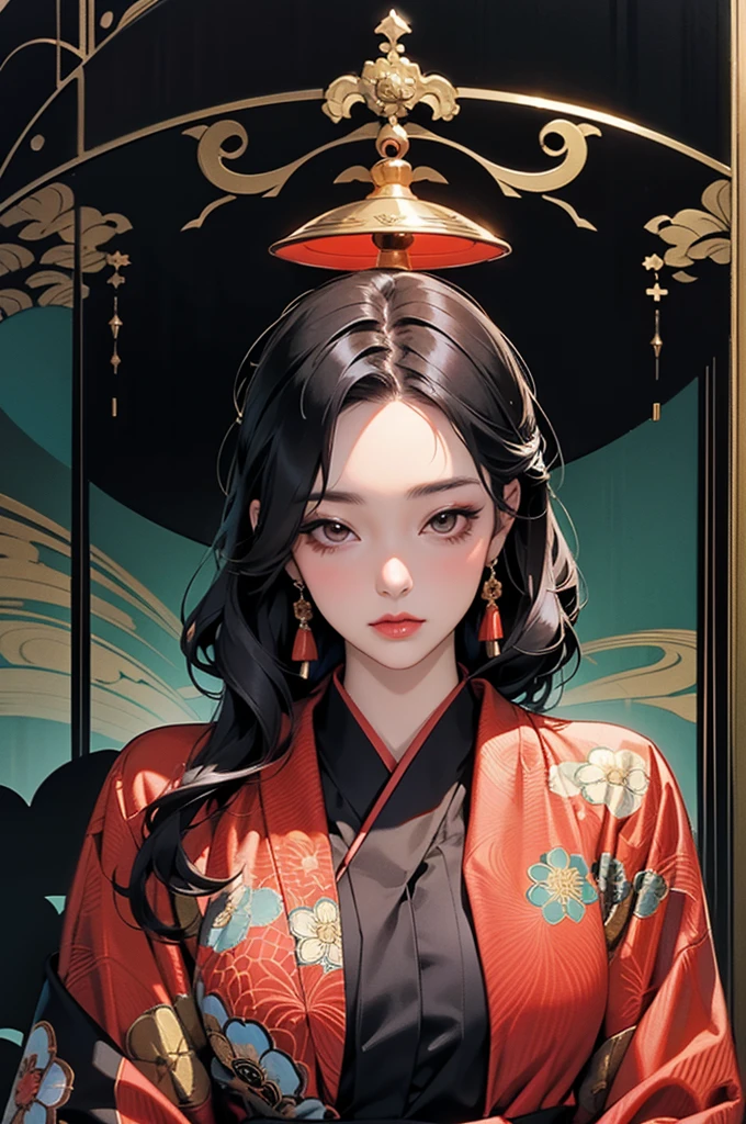 black widow in a golden red kimono dress with a gold halo, japanese goddess, chie yoshii, elegant japanese woman, portrait of a beautiful geisha, intricate geisha kimono, japanese art style