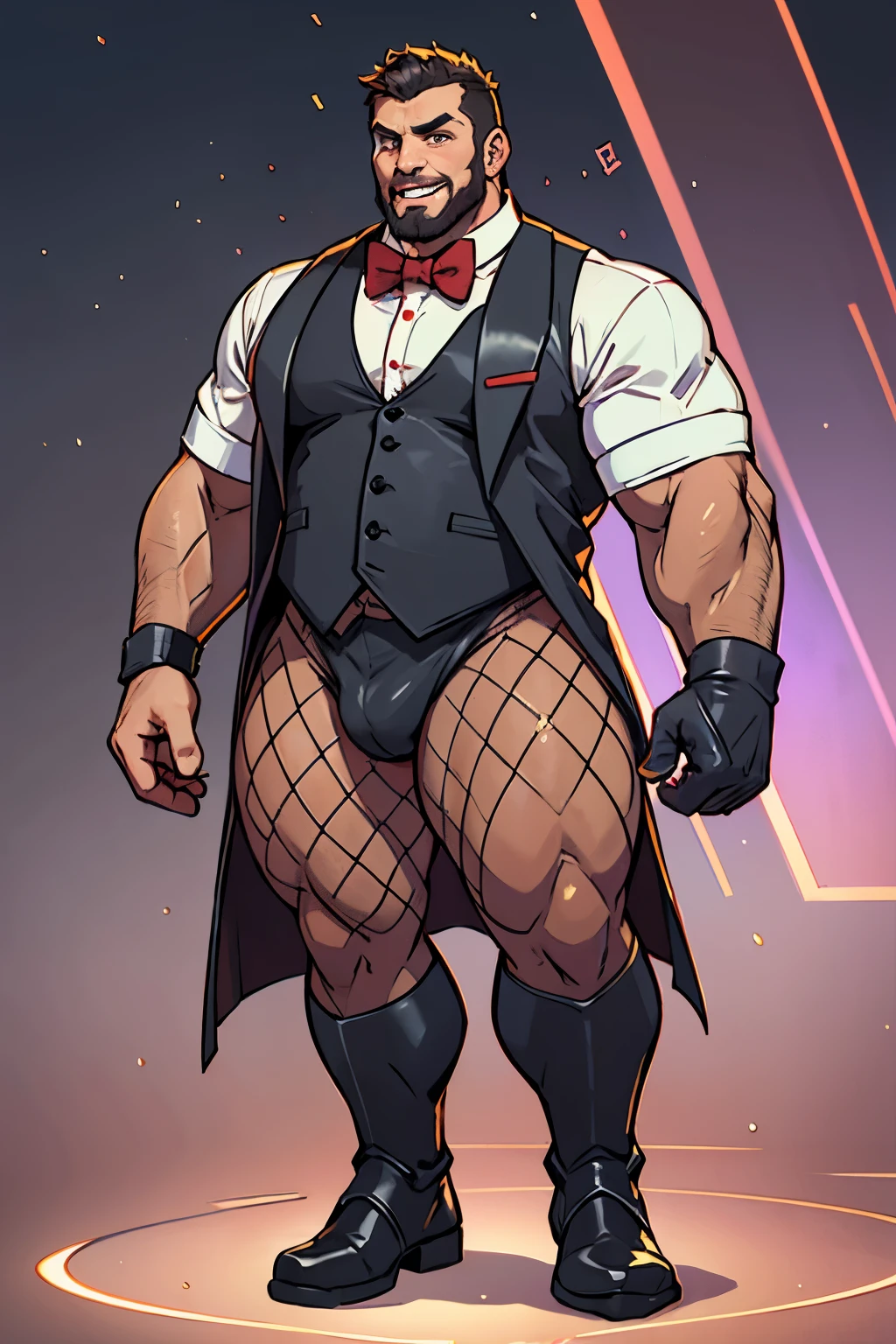 ((full body:1.4)),((Highest quality)), ((masterpiece)), (detailed), (Very fine fishnet stockings),(Voluptuous body),(shiny white gloves),(Turn your body forward),(Button up your dull black sleeveless vest),One man, human,Japanese,Plump head,Chubby,Cartoon character close-up, Fat,obesity,Stubble,Completely naked,A sleeveless shirt under the vest, (software) Safe at Work, Shaved Head,Voluptuous body,Fluffy breasts, fluffy arms,tuxedo, Wearing a vest and a red bow tie, Gigachad Muscle, ,Nipples are not see-through,Attention to detail iconic character, High resolution consignment, Upper body naked :: Attention to detail, Muscular magician man,Shiny black leather short swimsuit,Wearing black fishnet stockings from knee to toe,shiny black boots,ブーツをdetailedに描写,Long boots,Stylish, ヒューdetailed, Hairy Chest,Standing with your legs apart,Put on white gloves, Wear fishnet tights,Plump legs,Pink ber,Illuminated by pink lighting,Grin,fat,Comic Style Sheet,sense of cleanliness