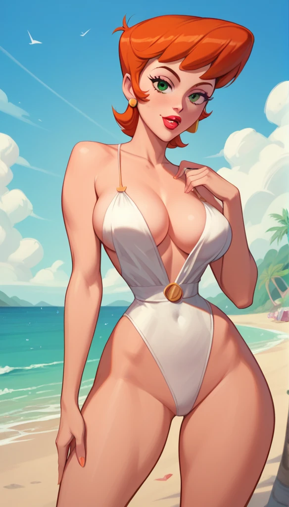 A beautiful girl with short orange hair, green eyes, and earrings, wearing makeup and lipstick, and white leotard in a curvy cartoon style, highly detailed, masterpiece, cowboy shot,Dexter's Mom, beach, intricate,thin waist, dynamic lounge pose