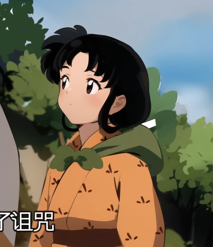 A beautiful girl in a yellow kimono, a beautiful bangs, carry some arrows, is called ((kaede)) Kikyo's sister