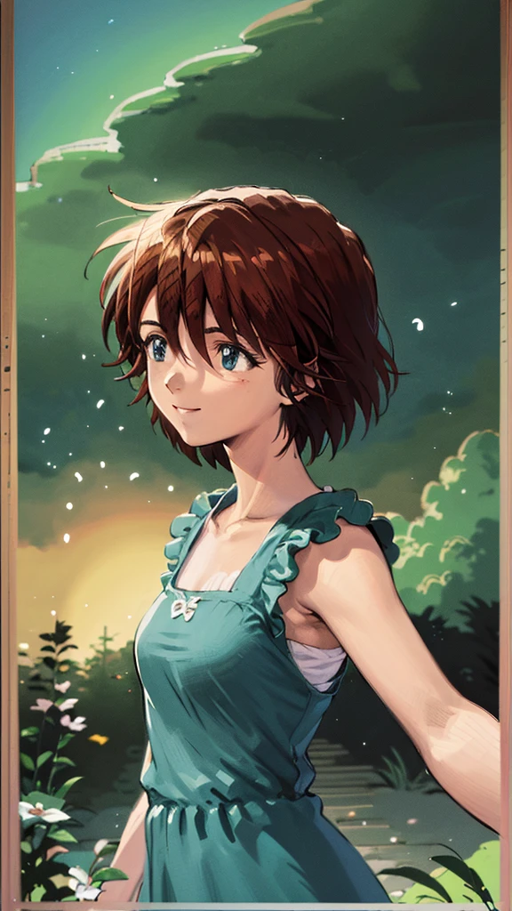 [Core Concept] A cheerful and vibrant digital portrait of Mana Kirishima, a young anime-inspired character with short, stylized hair.

[Character Description] Mana is depicted with a warm, friendly expression, her features delicately rendered with an anime-influenced aesthetic. Her short, neatly coiffed hair frames her face in a flattering manner, accentuating her bright, expressive eyes and gentle smile.

[Environment/Background] The background is a minimalist, clean design, allowing the character to be the central focus of the artwork, suitable for use as a digital wallpaper or background.

[Style and Atmosphere] The overall style is a blend of anime and digital illustration, with a vibrant, colorful palette and a light, airy atmosphere that conveys a sense of positivity and youthful energy.

[Composition] The composition is well-balanced, with Mana's face positioned centrally and occupying a significant portion of the frame, creating an intimate and engaging portrait.

[Details and Embellishments] The artwork features intricate details in Mana's facial features, hair, and clothing, showcasing the artist's technical skill and attention to nuance.

[Technical Specifications] This digital illustration is created with high-resolution rendering, suitable for use as a detailed and visually striking wallpaper or background on various digital displays.