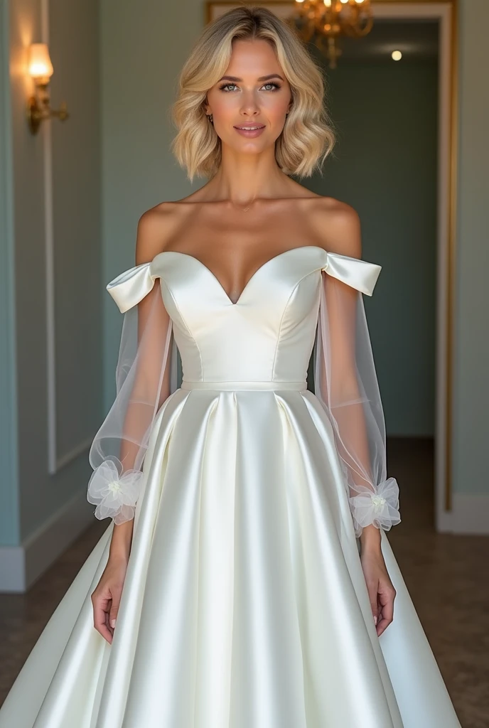 Full satin cover long elegant formal wedding dress with also full satin cover on bust part with breast and spine decolte with detachable bow shaped long tulle sleeves for curly blonde short haired, green eyed woman.