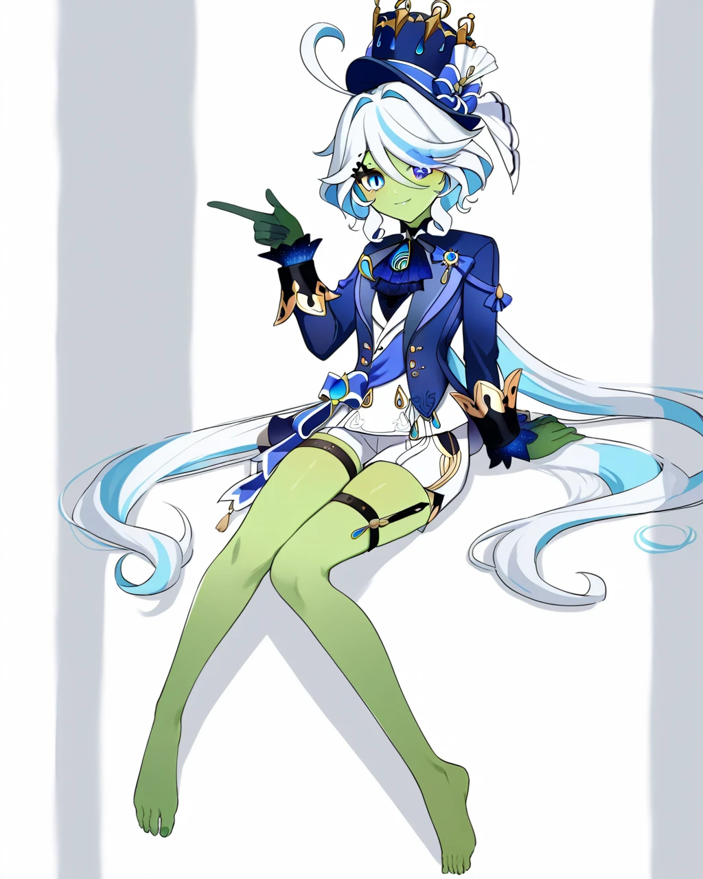 Furina \(genshin impact\), heterochromia,hat,bule hair,Blue eyes,ascot,brooch,t,blue bow,white shorts, thigh strap,Skin of color,Green Skin,Bare legs,Green Skin,Barefoot,Green Skin,whole body,Green Skin,Green Skin,Green Skin,Green Skin,Green Skin,Green Skin,Green Skin,Sitting on the bed,Green mist