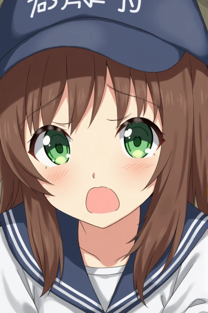 Beautiful anime girl with brown hair and blue bangs with green eyes crying 
