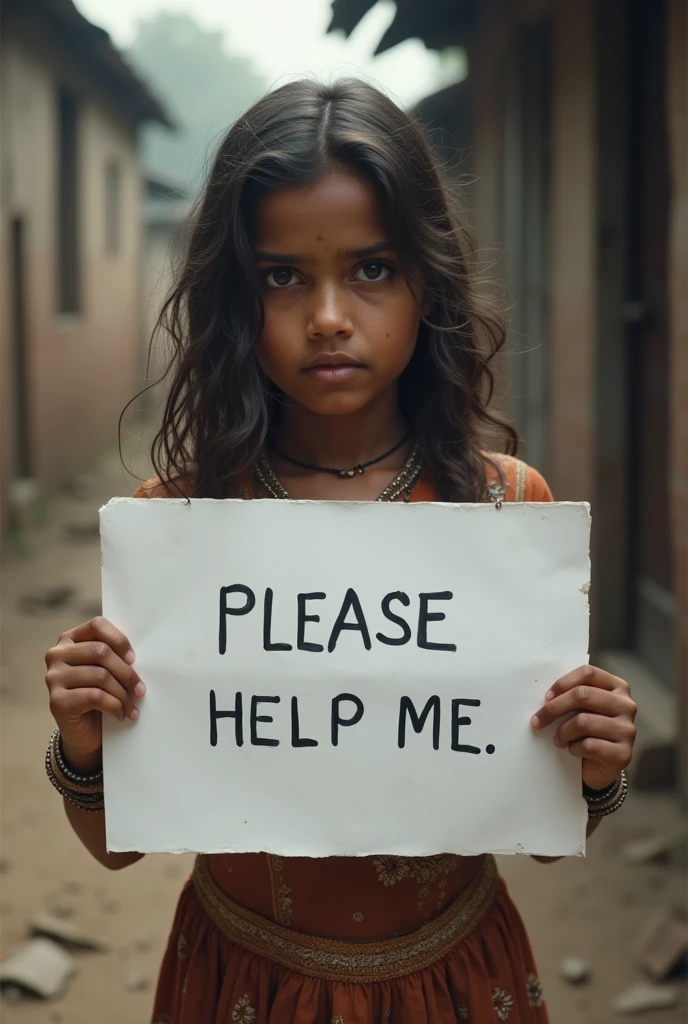 Poor girl with wavy long hair, indian dress, holding a white board with text "please help me” In and showing it to the viewer