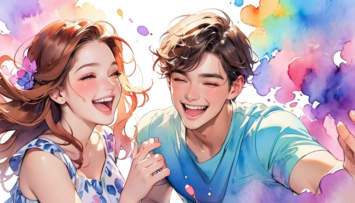 Young man and woman, smiling, brown hair, fun, laughing, couples, colorful, watercolor