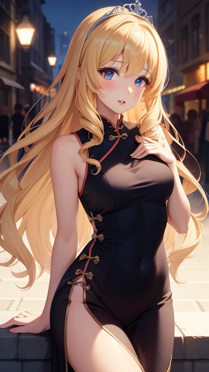 masterpiece, best quality, 1girl, very curly hair, blonde hair, shiny hair, tiara, diadem, medium breasts, glossy lips, good lighting, latifa fleuranza, city street, sleeveless cheongsam