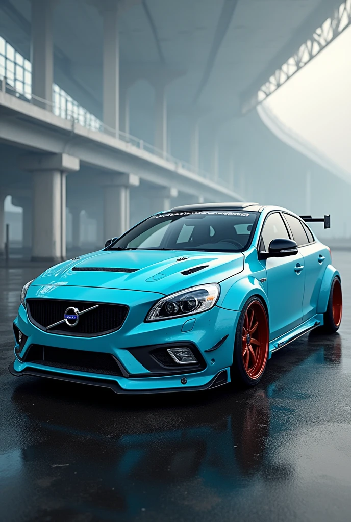 A Volvo C30 car, with a rwb style bodykit, Realistic style, color polestar, similar al babyblue
