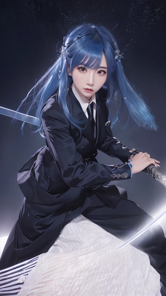 Wearing a suit and holding a sword、Arabian woman taking a photo, Blue Hair, Anime portrait of Shiina Ringo, girl Blue Hair, Rimuru Tempest profile shot, Cai Xukun, Super villain IU Lee Ji-eun, Full body fairy, Inspired by Ren Mei, Dramatic sword poses