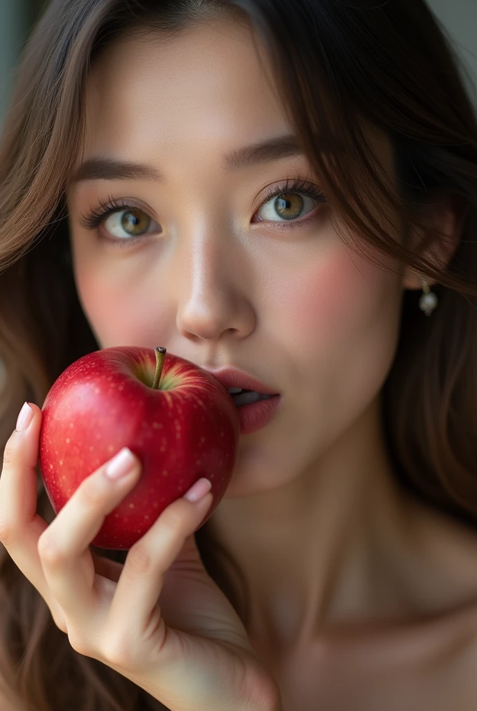 25-year-old woman、holding a red apple next to one&#39;s face、pout、Kiss the apple、Look at the audience、Portrait