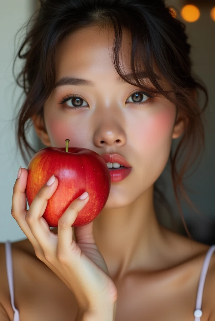 25-year-old woman、holding a red apple next to one's face、pout、Kiss the apple、Look at the audience、Portrait