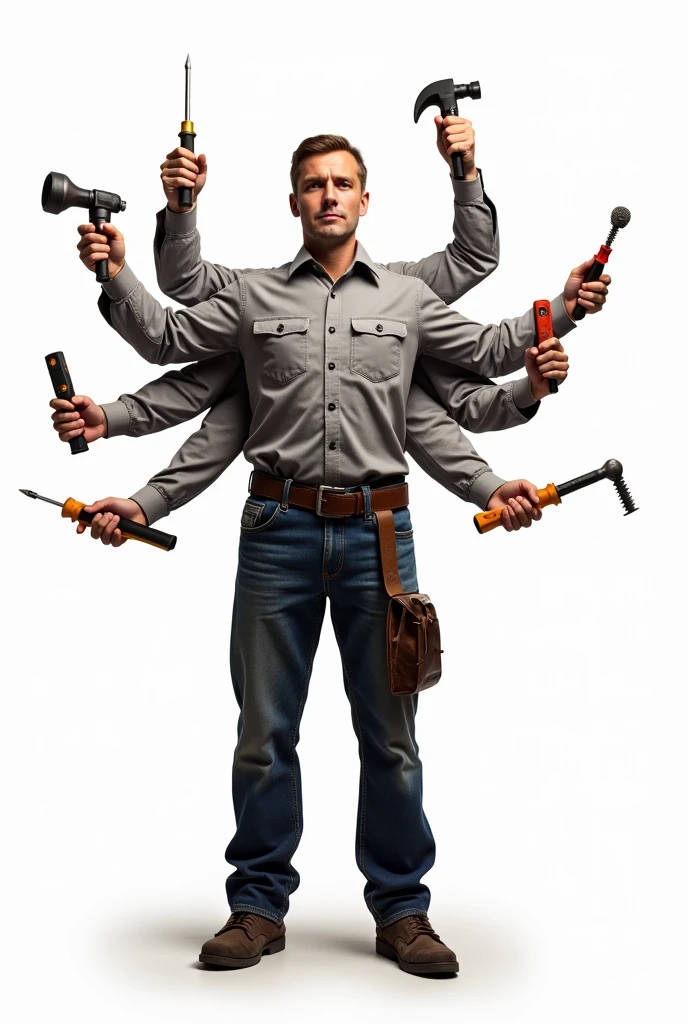 Image of an electrical technician up to the waist, com o fundo branco, several arms coming out from behind and each one with a different small tool, instance, uma chave Philips, alicate, Gavel, multimeter, screwdriver