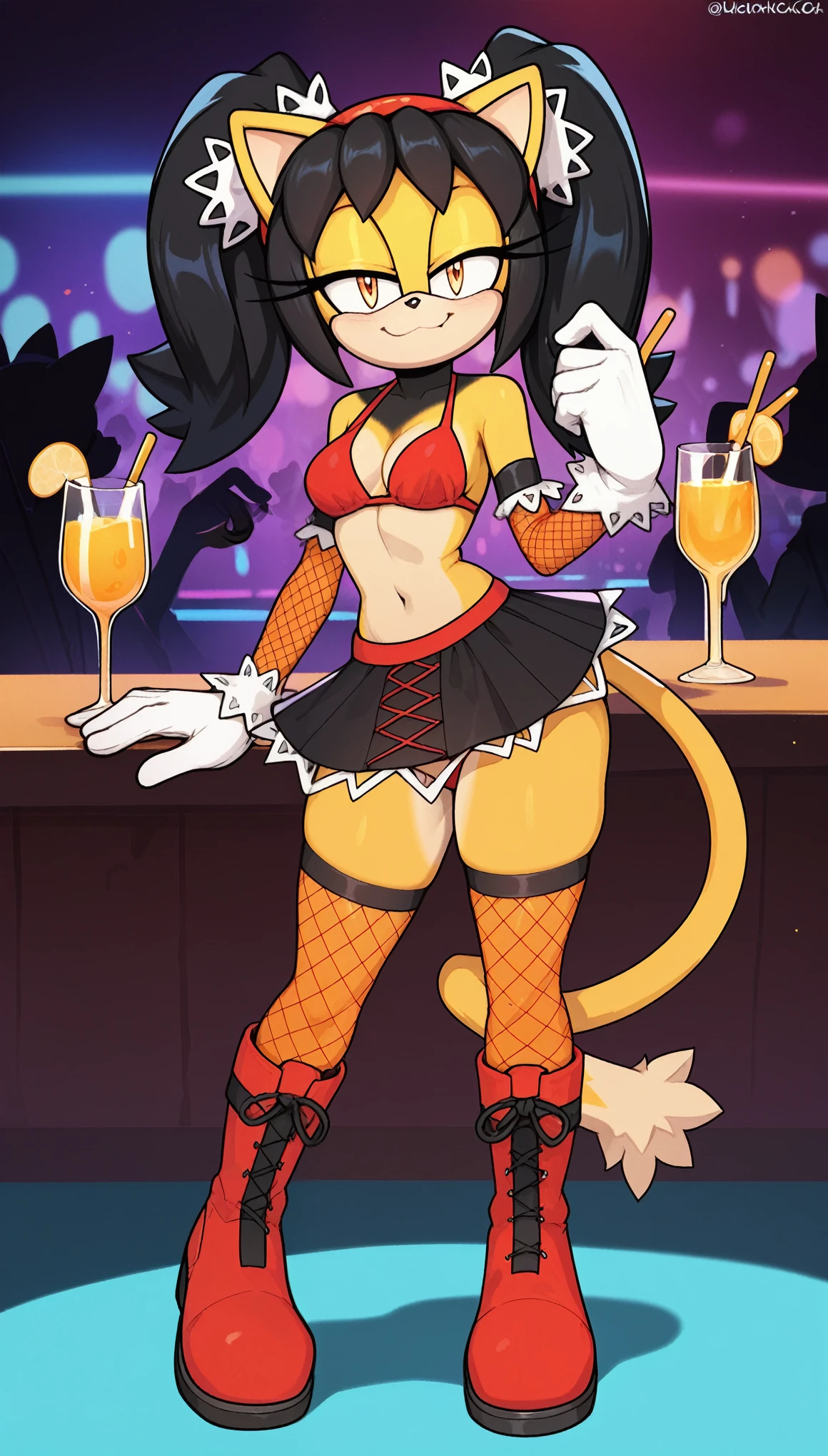 Seductive expression, 1girl, cute smile, anthro, furry, fur, fluffy fur, honey the cat, sonic (series), black hair, twintails, frilly hairbands, red bikini, black skirt, fishnet stockings, fishnet armwear, red boots, red hairband, (19 years), medium breast, thick thighs, solo, (nightclub), detailed, smug smile, half-closed eyes, looking at the viewer, score_9, score_8_up, score_7_up, score_6_up, score_5_up, score_4_up