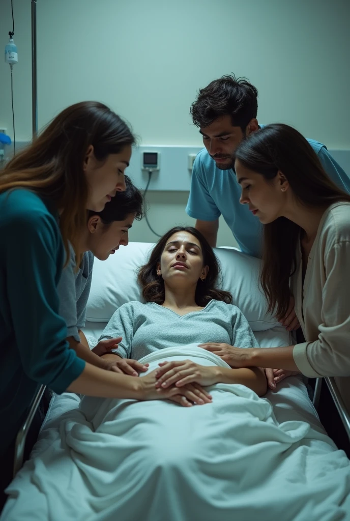 Create a photo of a woman lying on a hospital gurney looking at her family as they cry a lot holding her hand 
