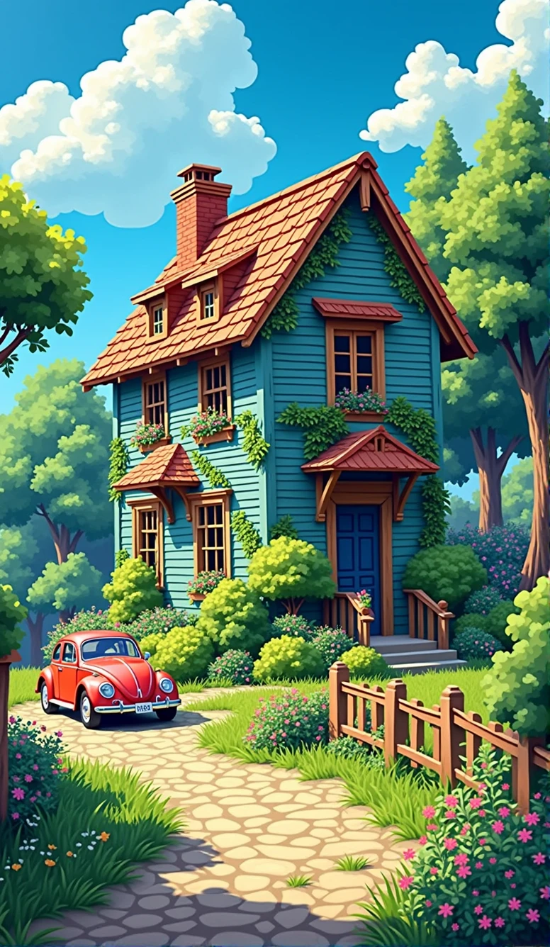 A historic masterpiece,wood々and home々Volkswagen car driving down the street with the background of, Mumford and Thomas Kinkade, Beautifully detailed pixel art, Art Style, Colors with attention to detail, Highly detailed color low poly art, Lofi Color,Beautifully drawn, Colorful scene,beautiful retro art, by Bencho Obreshkov, Colourful and detailed, 8k)), Watercolor style, super Realistic painting style, Detailed 4K painting, Realistic painting style, Awesome Wallpapers,There is no one,,Fantasy World,(((16:9)))