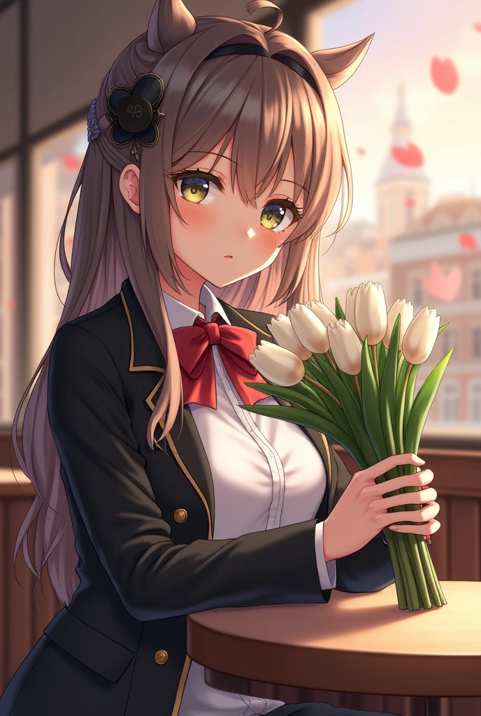 Sitting in a cafe in Amsterdam、Beautiful assassin holding a bouquet of white tulips, morning, Anime illustration, Realistic