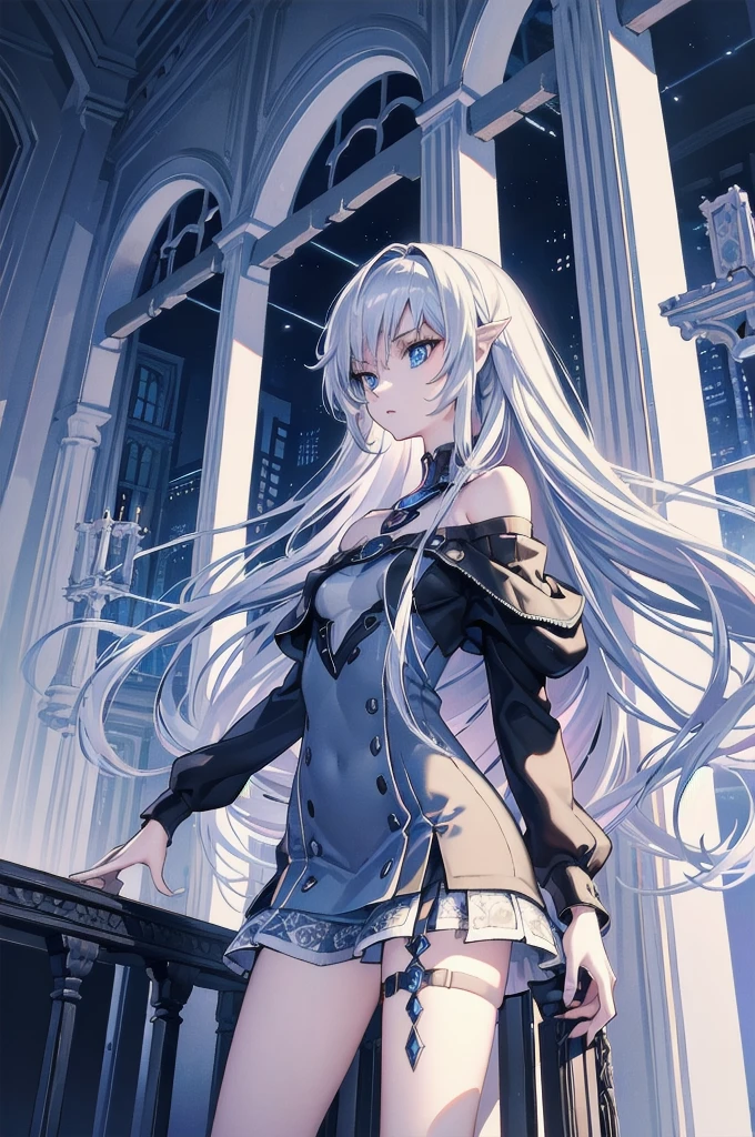 ((masterpiece)), ((best quality)), ((best illustration)), ((ultra-detailed)), 1 lady, solo, ager, absurdly long hair, silver hair, straight hair, ((blue eyes)), ((hyper detailed eyes)), ((hyper detailed face)), gloomy face, holding cybernetic spear, lonely, looking at viewer, hooded jumper, ((off shoulder)), ((miniskirt)), bare legs, thin body, thin arms, long arms, standing, cowboy shot, side view, urban, night, backlight