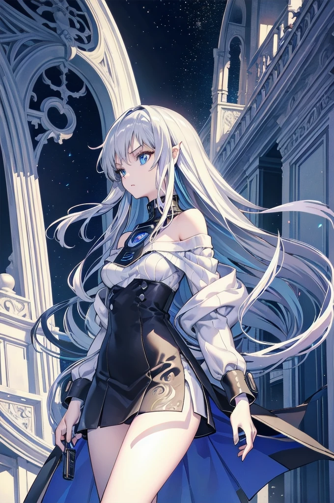 ((masterpiece)), ((best quality)), ((best illustration)), ((ultra-detailed)), 1 lady, solo, teenager, absurdly long hair, silver hair, straight hair, ((blue eyes)), ((hyper detailed eyes)), ((hyper detailed face)), gloomy face, holding cybernetic spear, lonely, looking at viewer, hooded jumper, ((off shoulder)), ((miniskirt)), bare legs, thin body, thin arms, long arms, standing, cowboy shot, side view, urban, night, backlight