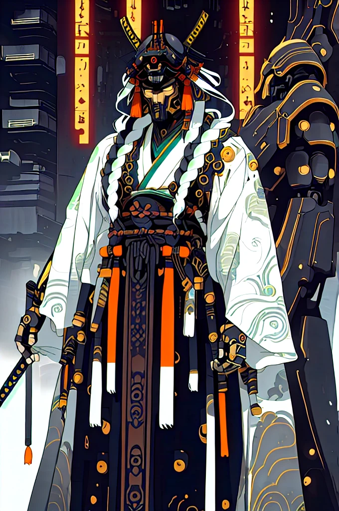 masculine male samurai, strong stature, mechanical body, futuristic kimono, cyberpunk aesthetic, long masculine braided hair, high fantasy environment, feudal Japan, high-tech Zen Garden, futuristic samurai armor, high quality, drawn anime style, flawless anatomy