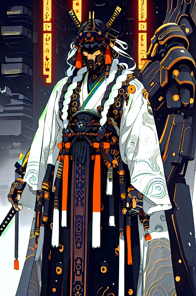 masculine male samurai, strong stature, mechanical body, futuristic kimono, cyberpunk aesthetic, long masculine braided hair, high fantasy environment, feudal Japan, high-tech Zen Garden, futuristic samurai armor, high quality, drawn anime style, flawless anatomy