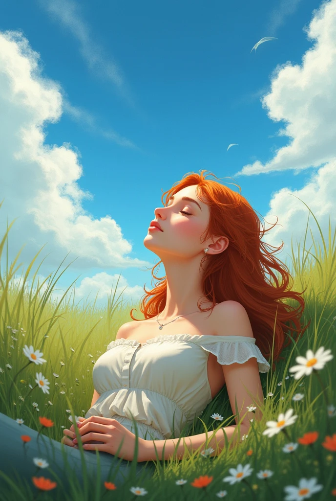 Generates a 20 year old girl from Vinland Saga who is happy lying in the grass, she looks at the sky and she has an expression as if she had found inner peace