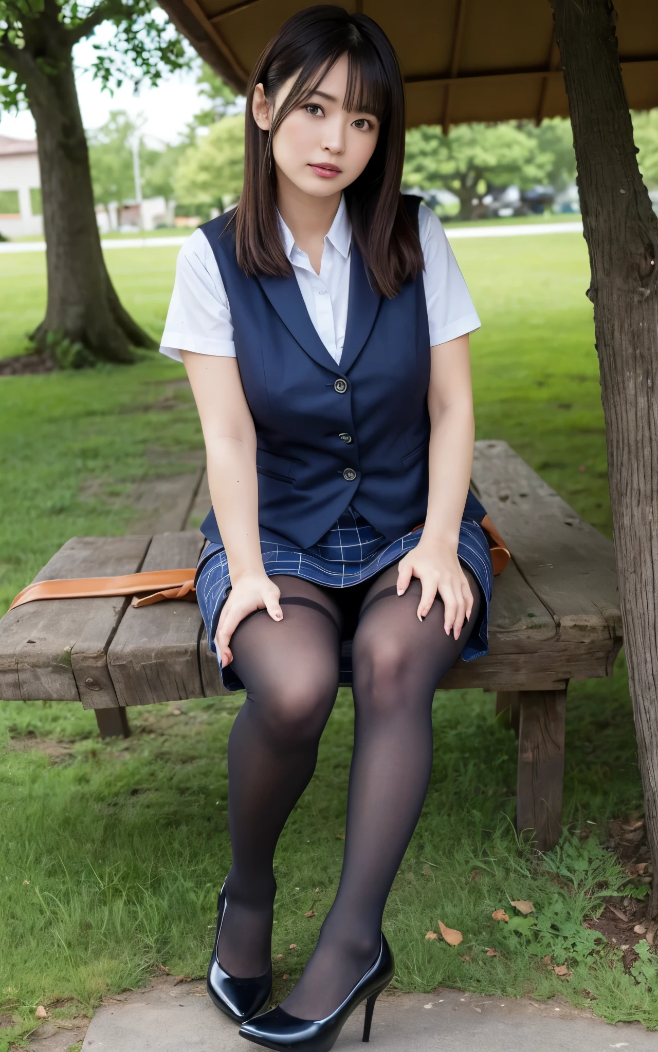 Ulchan-6500-v1.1, (RAW photo:1.2), (Photoreal), (genuine:1.4), 1milf, perfect anatomy, 48 years old, plump body:0.5, look at the viewer, medium long hair, short sleeve, vest, plaid mini skirt, ((sit on the grass and open legs:1.0)), (super realistic pantyhose:1.2), (high heels), (business services), under shade of tree