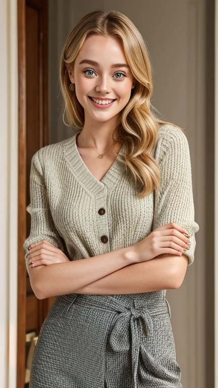 Phoebe Dynevor in clothes made of worsted elegant and smiling